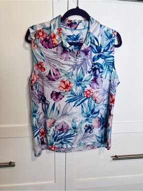 Tommy Bahama Blue & Purple Sleeveless Tropical Print Shirt, L